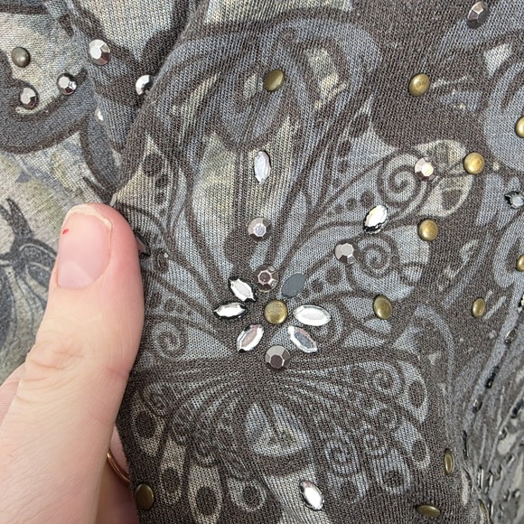 Greensource Gray Beaded Patterned Y2K Grunge Studded Long Sleeve Shirt Size XL - Picture 2 of 5